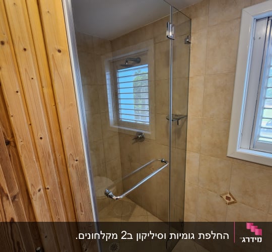 מקלחון זכוכית פינתי מותקן בחדר רחצה עם דלת ציר וידית נירוסטה